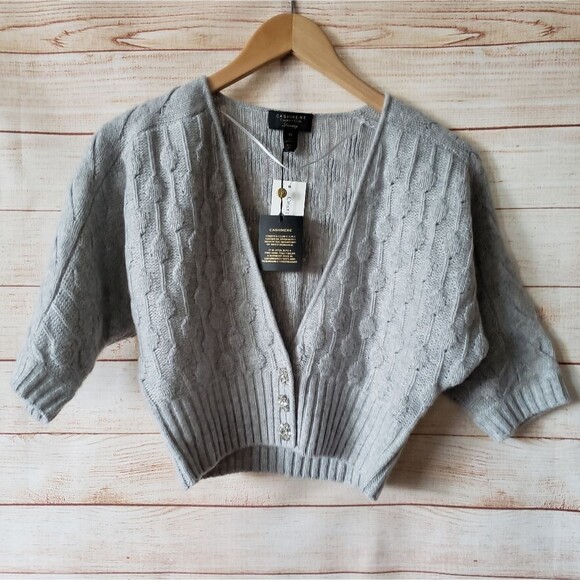 Charter Club Cashmere Textured Dolman Sleeve Cropped Cardigan Crystal Buttons XS - Picture 3 of 10